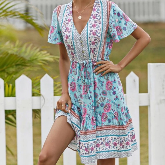 Button up boho gypsy floral print mini dress pink - Picture 9 of 12